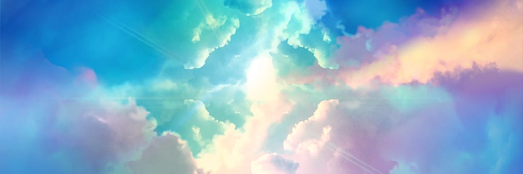 Wide size landscape illustration of a beautiful entrance to heaven shining divinely through rainbow colored clouds.