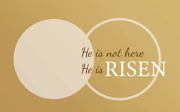 He is not here He is Risen - typography quote with Calvary and caves on the background. Easter Sunday, Holy Week postcard with sunrise and text Matthew 28.6. Vector illustration