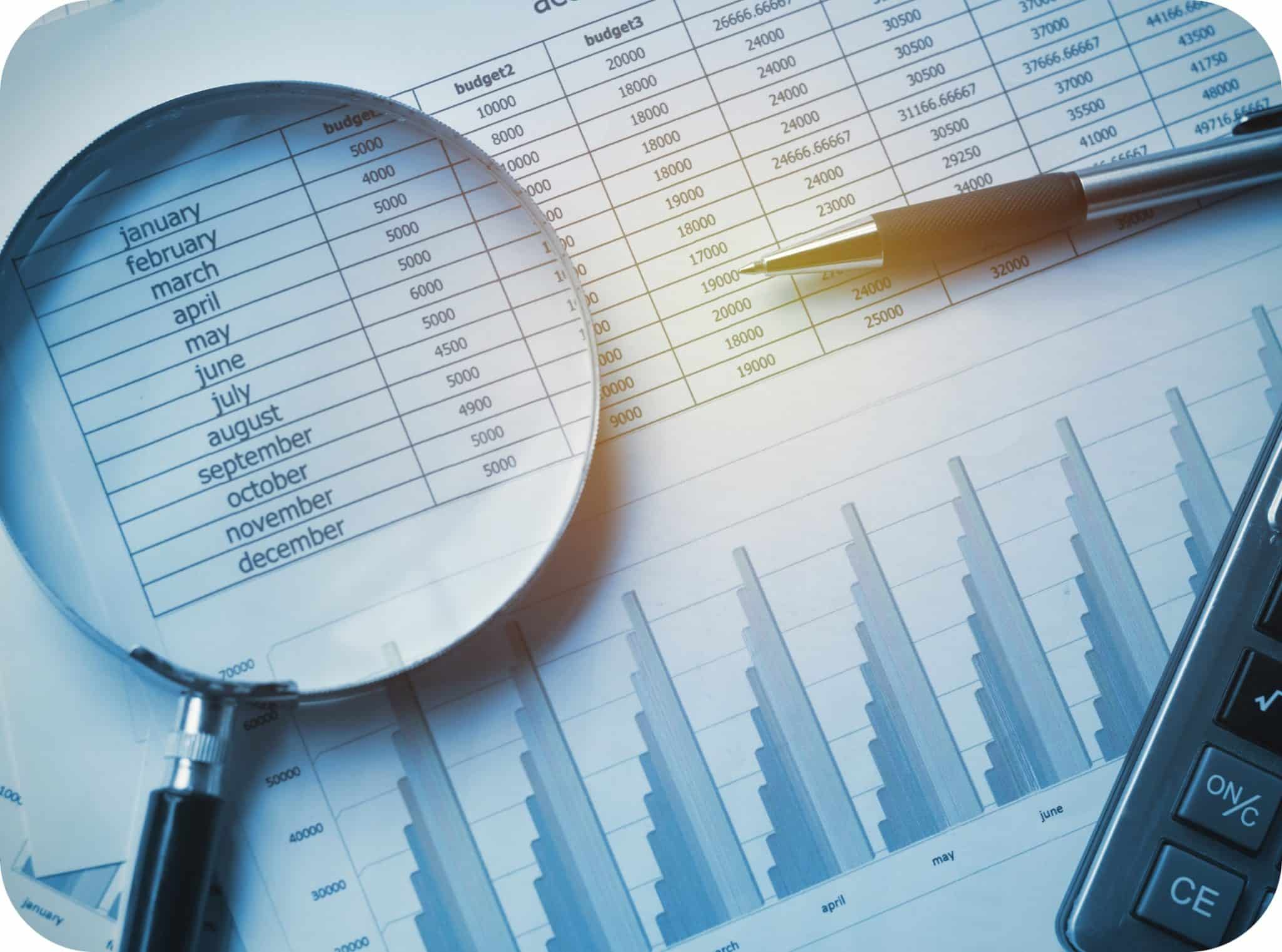 Business Documents Accounting With Calculator Pen Magnifying Glass 1 Min